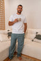 Men summer pajama set White T-shirt + Dark Green X White Striped Pants